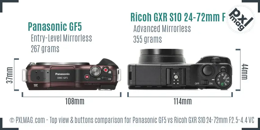 Panasonic GF5 vs Ricoh GXR S10 24-72mm F2.5-4.4 VC top view buttons comparison