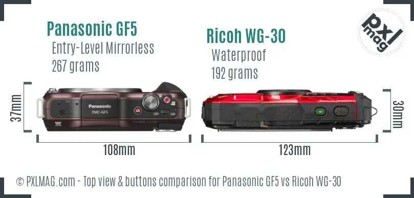 Panasonic GF5 vs Ricoh WG-30 top view buttons comparison