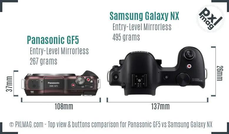 Panasonic GF5 vs Samsung Galaxy NX top view buttons comparison Panasonic GF5 vs Samsung Galaxy NX top view buttons comparison
