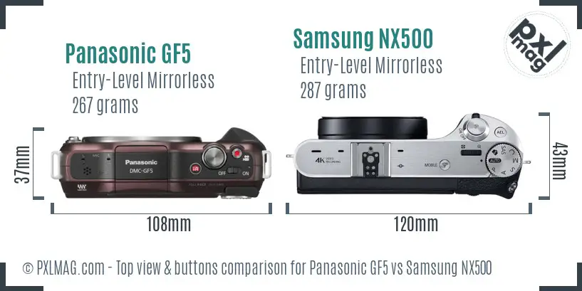 Panasonic GF5 vs Samsung NX500 top view buttons comparison