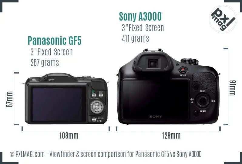 Panasonic GF5 vs Sony A3000 Screen and Viewfinder comparison