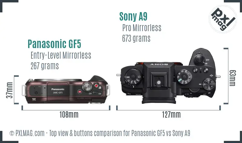 Panasonic GF5 vs Sony A9 top view buttons comparison Panasonic GF5 vs Sony A9 top view buttons comparison