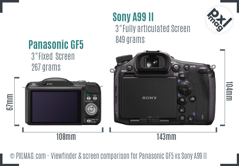 Panasonic GF5 vs Sony A99 II Screen and Viewfinder comparison