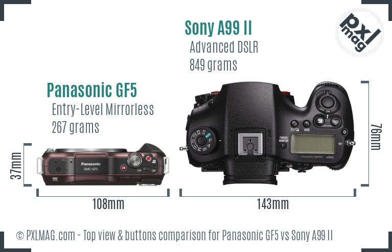 Panasonic GF5 vs Sony A99 II top view buttons comparison