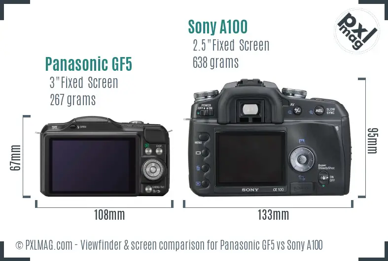 Panasonic GF5 vs Sony A100 Screen and Viewfinder comparison Panasonic GF5 vs Sony A100 Screen and Viewfinder comparison