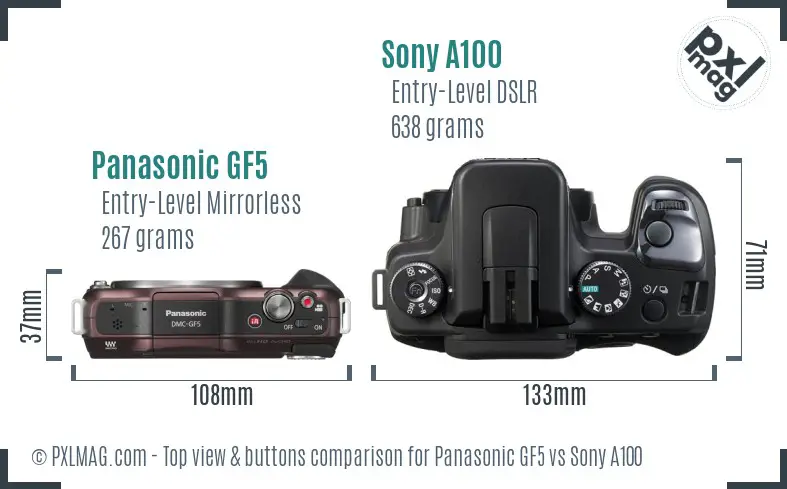 Panasonic GF5 vs Sony A100 top view buttons comparison Panasonic GF5 vs Sony A100 top view buttons comparison