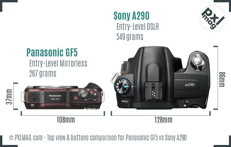 Panasonic GF5 vs Sony A290 top view buttons comparison Panasonic GF5 vs Sony A290 top view buttons comparison