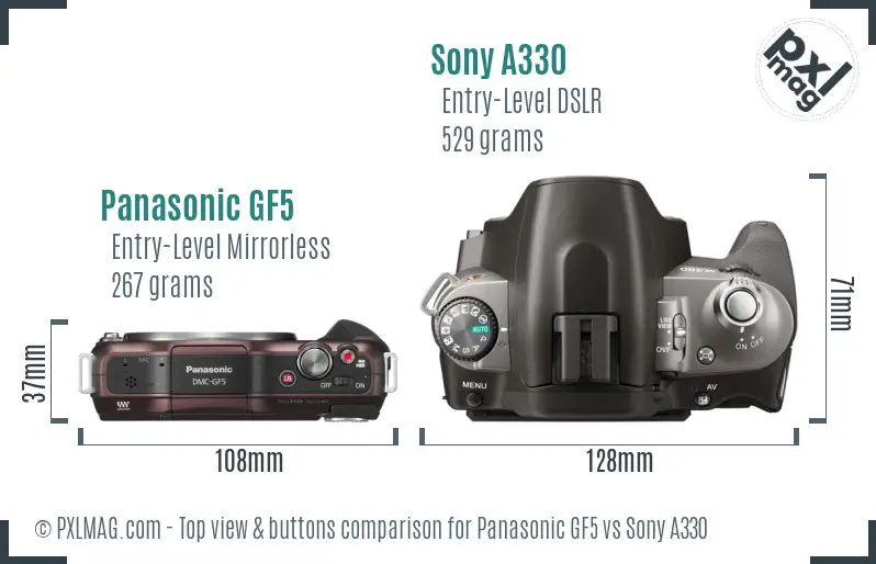 Panasonic GF5 vs Sony A330 top view buttons comparison