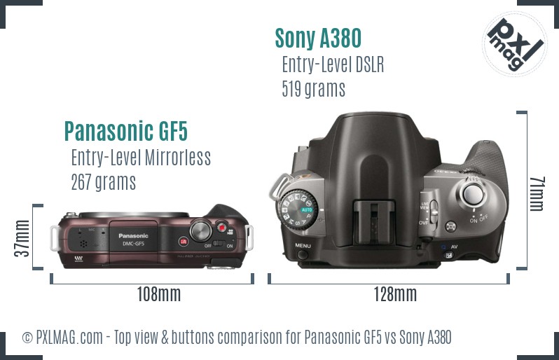 Panasonic GF5 vs Sony A380 top view buttons comparison