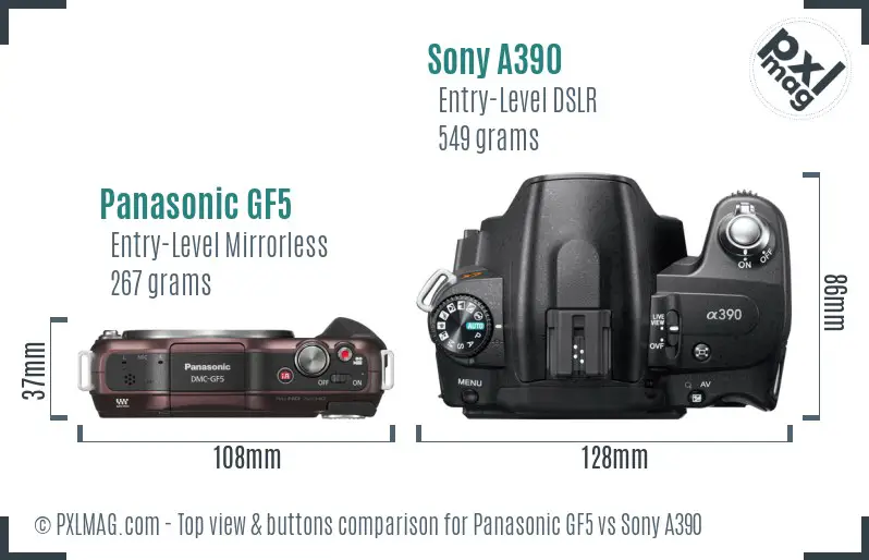 Panasonic GF5 vs Sony A390 top view buttons comparison