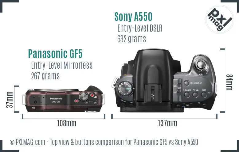 Panasonic GF5 vs Sony A550 top view buttons comparison