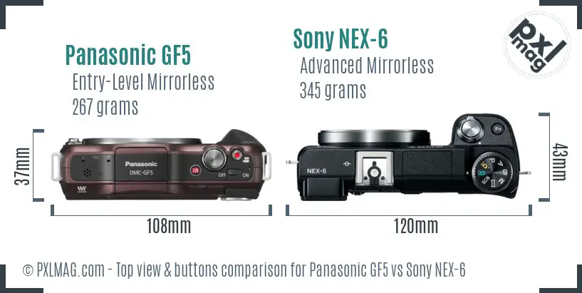 Panasonic GF5 vs Sony NEX-6 top view buttons comparison