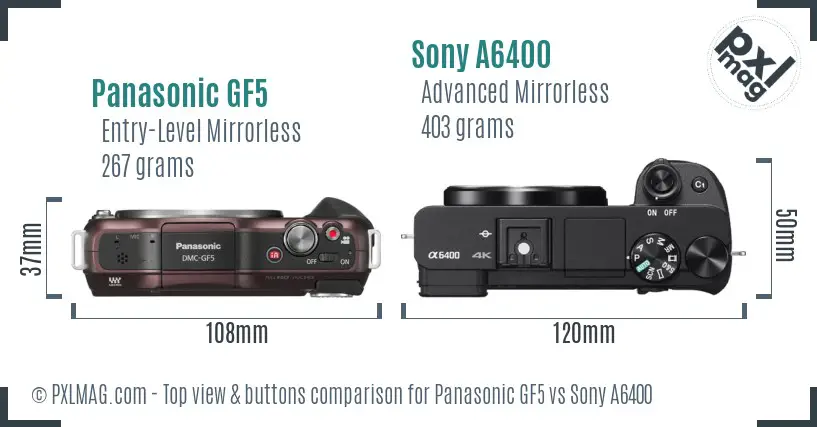 Panasonic GF5 vs Sony A6400 top view buttons comparison Panasonic GF5 vs Sony A6400 top view buttons comparison