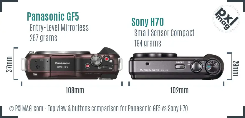 Panasonic GF5 vs Sony H70 top view buttons comparison Panasonic GF5 vs Sony H70 top view buttons comparison