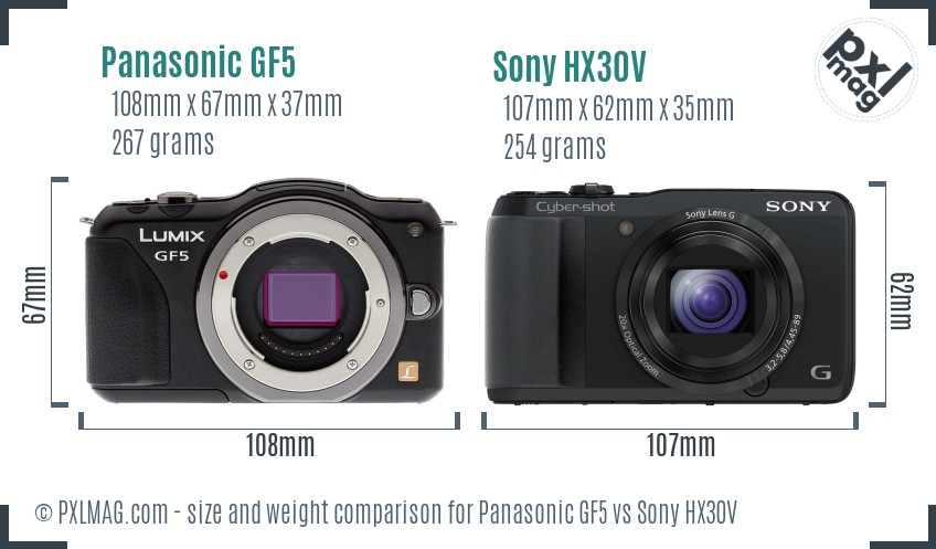 Panasonic GF5 vs Sony HX30V size comparison