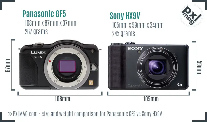 Panasonic GF5 vs Sony HX9V size comparison