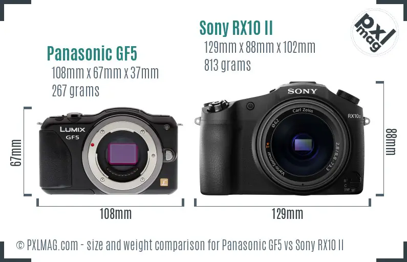 Panasonic GF5 vs Sony RX10 II size comparison