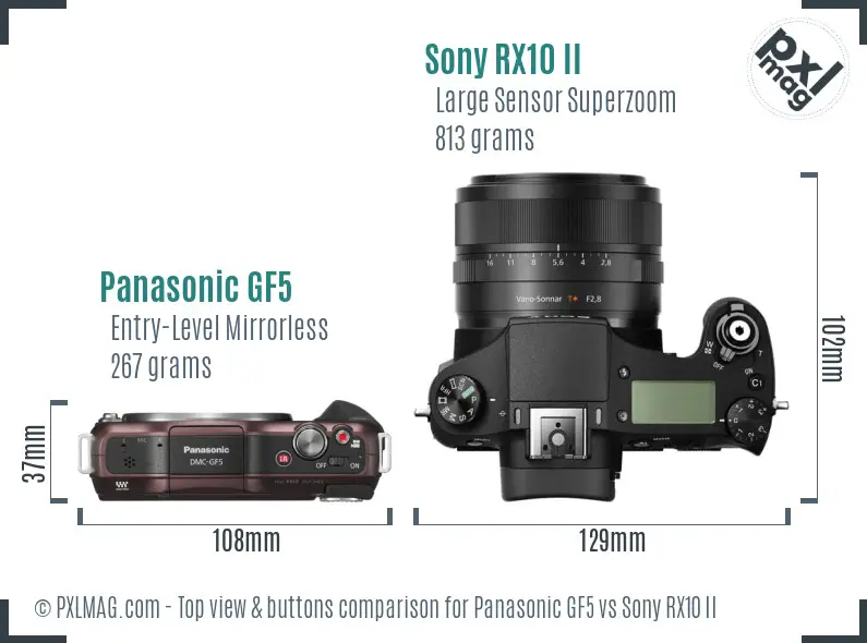 Panasonic GF5 vs Sony RX10 II top view buttons comparison