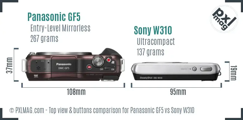 Panasonic GF5 vs Sony W310 top view buttons comparison