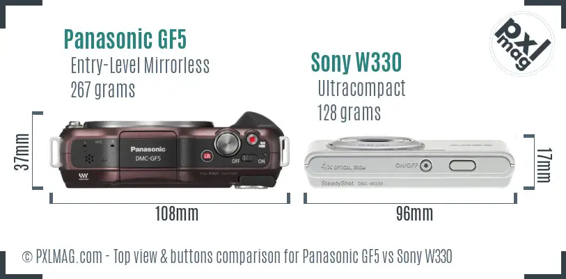 Panasonic GF5 vs Sony W330 top view buttons comparison