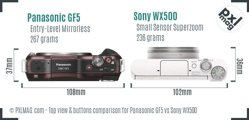 Panasonic GF5 vs Sony WX500 top view buttons comparison Panasonic GF5 vs Sony WX500 top view buttons comparison