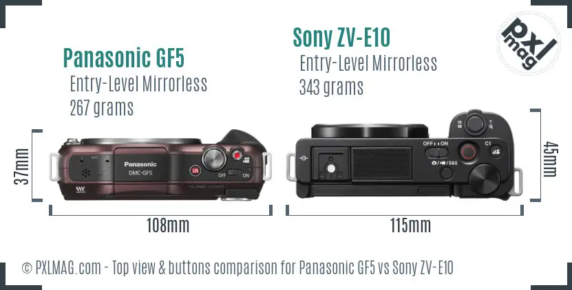 Panasonic GF5 vs Sony ZV-E10 top view buttons comparison
