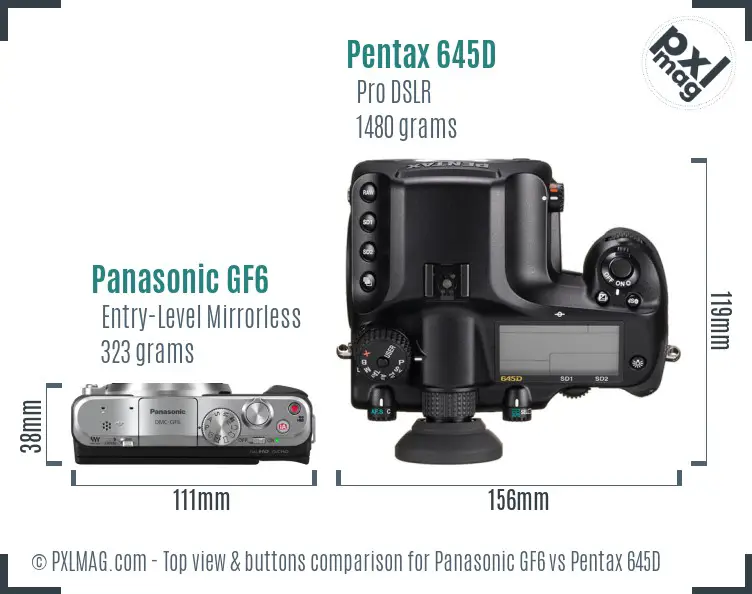 Panasonic GF6 vs Pentax 645D top view buttons comparison