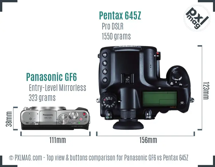 Panasonic GF6 vs Pentax 645Z top view buttons comparison