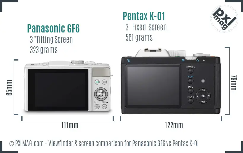 Panasonic GF6 vs Pentax K-01 Screen and Viewfinder comparison