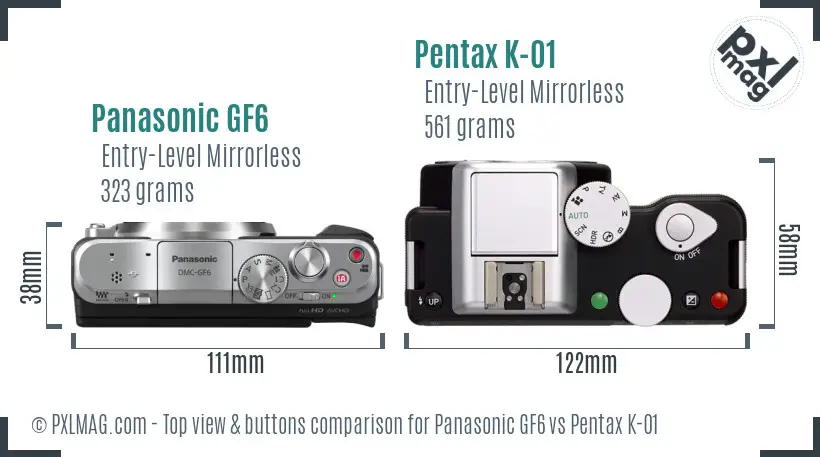 Panasonic GF6 vs Pentax K-01 top view buttons comparison