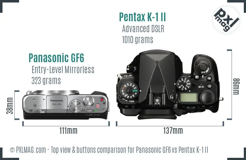 Panasonic GF6 vs Pentax K-1 II top view buttons comparison
