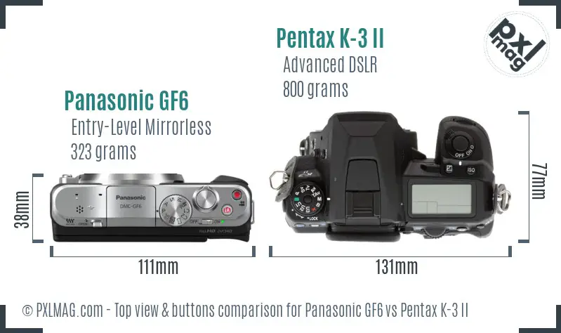 Panasonic GF6 vs Pentax K-3 II top view buttons comparison