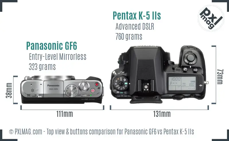 Panasonic GF6 vs Pentax K-5 IIs top view buttons comparison
