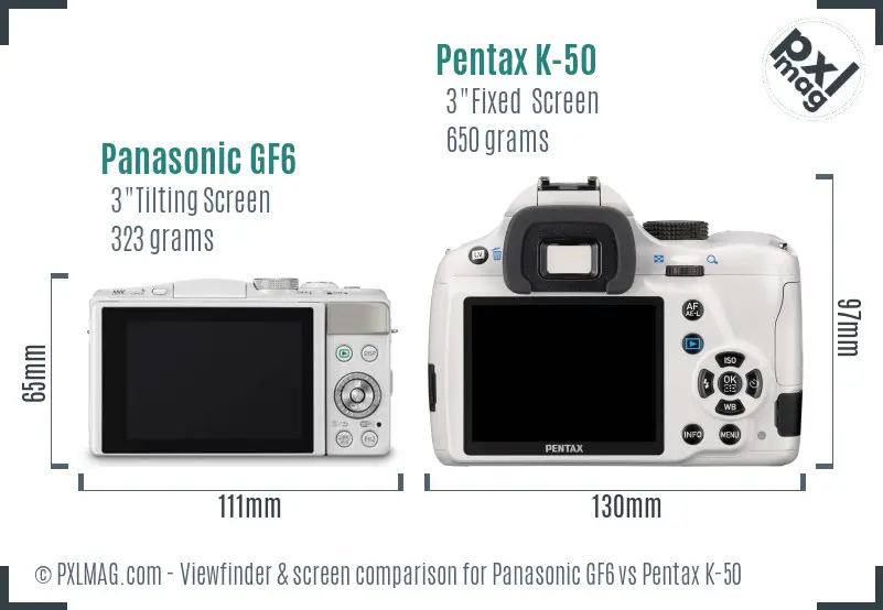 Panasonic GF6 vs Pentax K-50 Screen and Viewfinder comparison