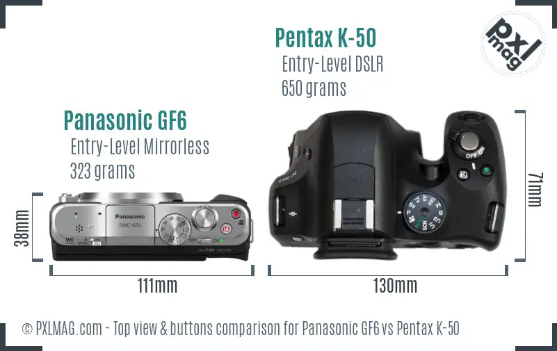 Panasonic GF6 vs Pentax K-50 top view buttons comparison