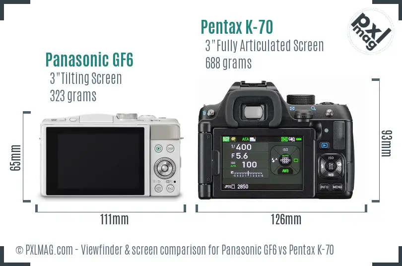 Panasonic GF6 vs Pentax K-70 Screen and Viewfinder comparison