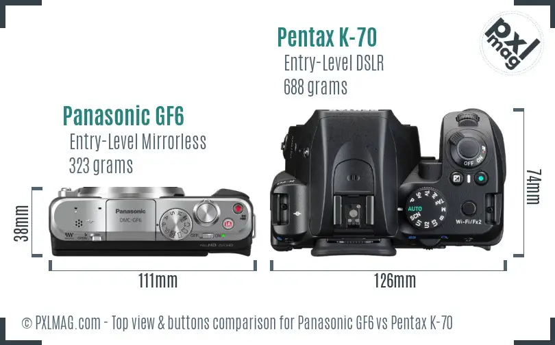 Panasonic GF6 vs Pentax K-70 top view buttons comparison