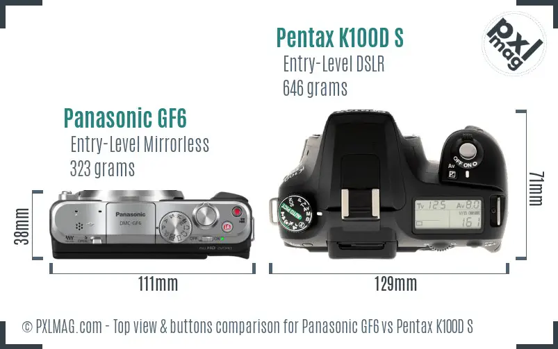 Panasonic GF6 vs Pentax K100D S top view buttons comparison