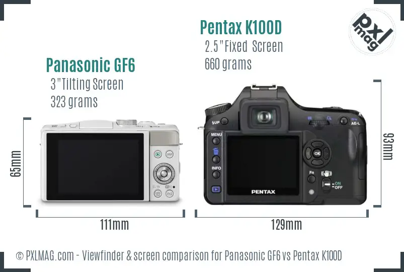 Panasonic GF6 vs Pentax K100D Screen and Viewfinder comparison