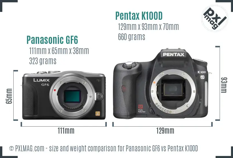Panasonic GF6 vs Pentax K100D size comparison