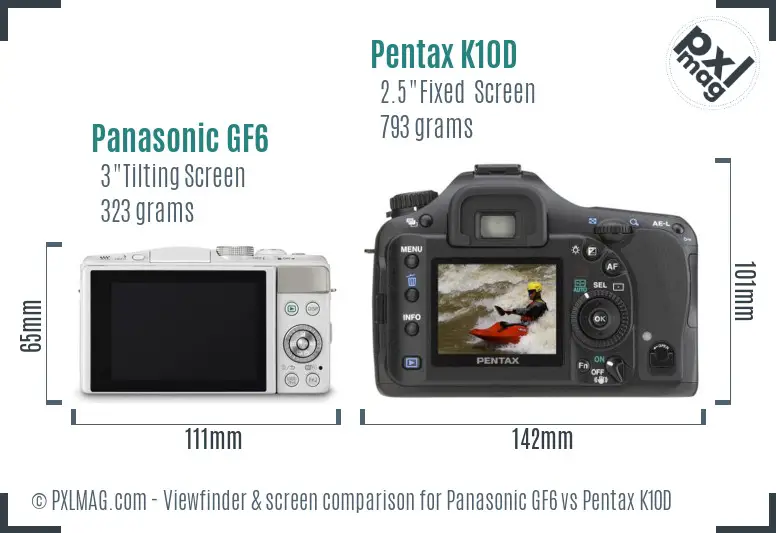 Panasonic GF6 vs Pentax K10D Screen and Viewfinder comparison