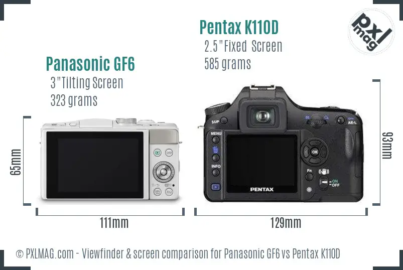 Panasonic GF6 vs Pentax K110D Screen and Viewfinder comparison