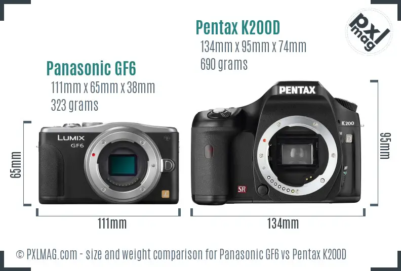 Panasonic GF6 vs Pentax K200D size comparison