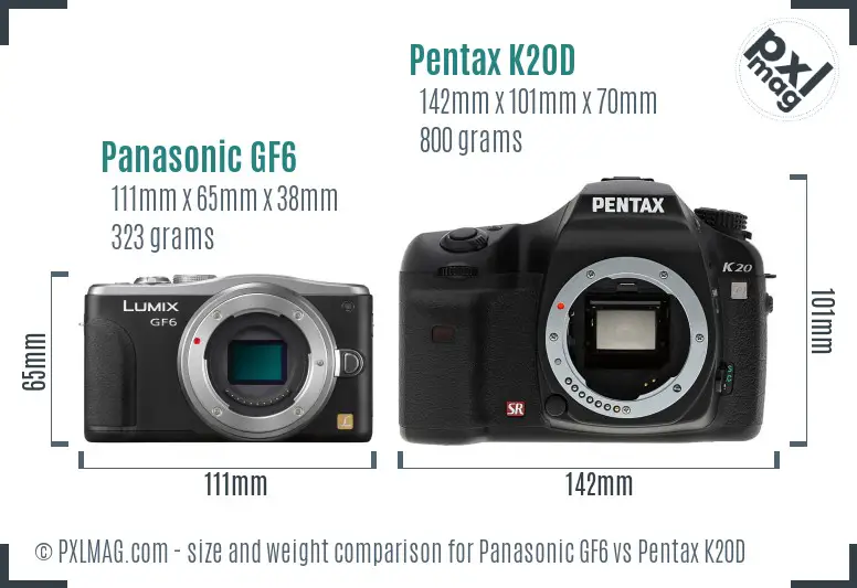 Panasonic GF6 vs Pentax K20D size comparison