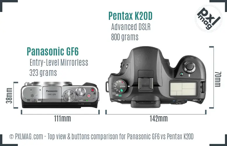 Panasonic GF6 vs Pentax K20D top view buttons comparison