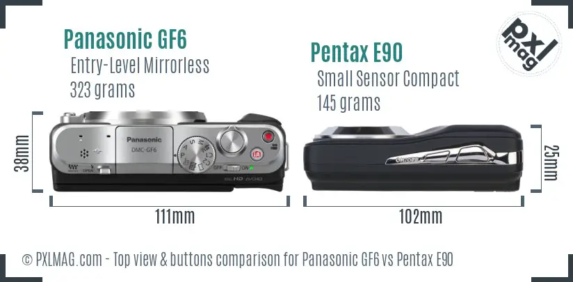 Panasonic GF6 vs Pentax E90 top view buttons comparison
