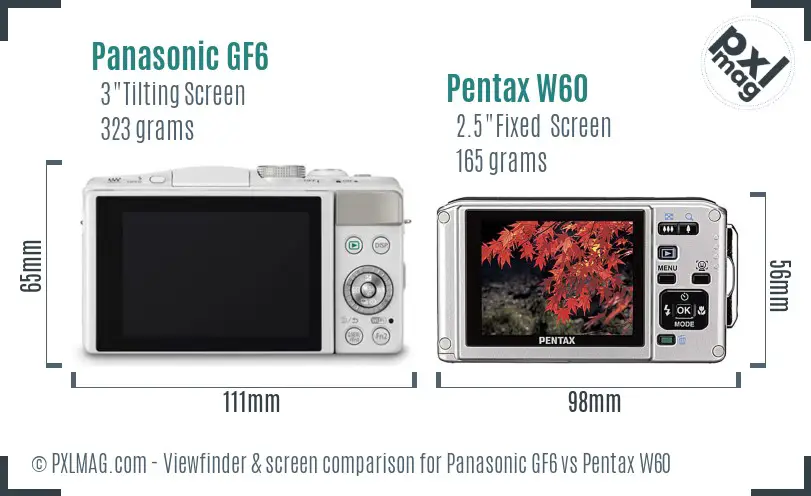 Panasonic GF6 vs Pentax W60 Screen and Viewfinder comparison