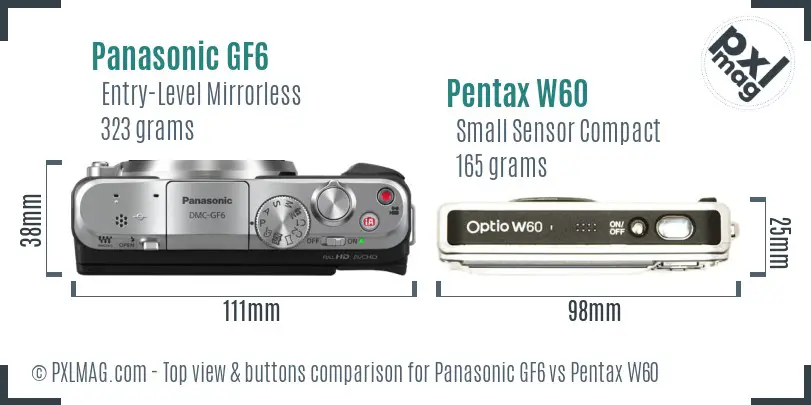 Panasonic GF6 vs Pentax W60 top view buttons comparison
