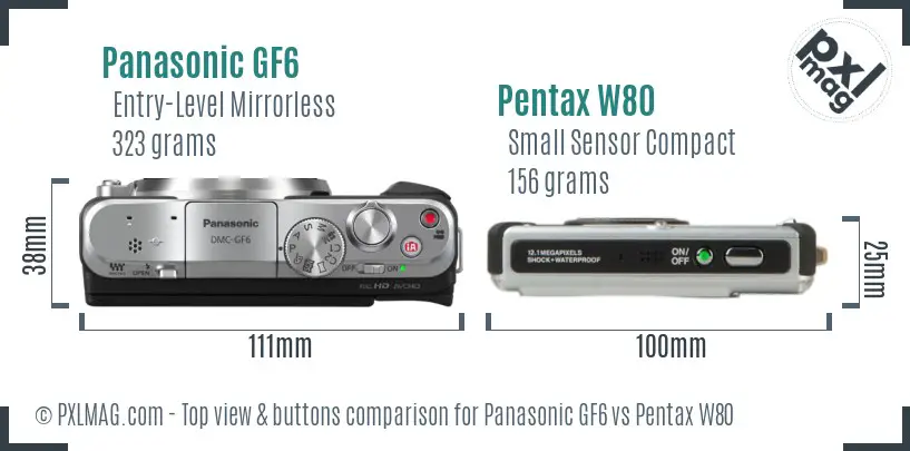 Panasonic GF6 vs Pentax W80 top view buttons comparison