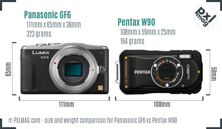 Panasonic GF6 vs Pentax W90 size comparison